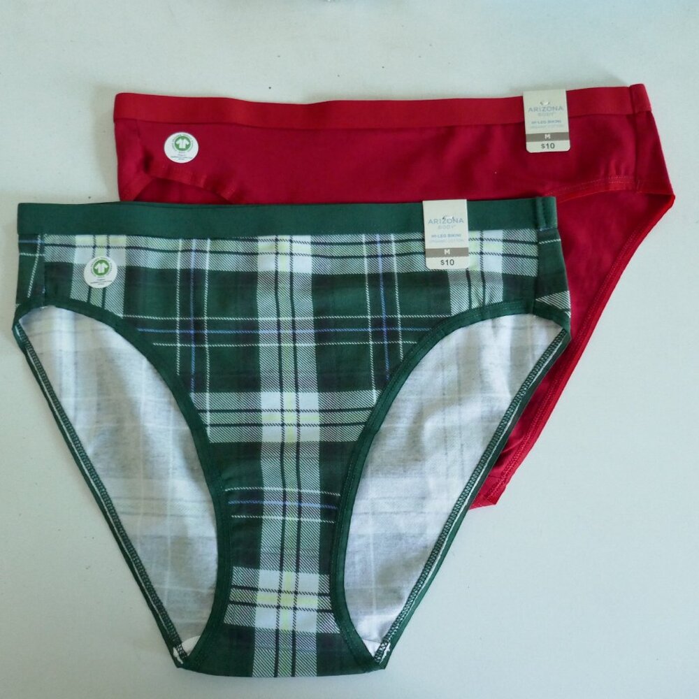 NWT Arizona hi-cut bikini panties red green plaid xmas size M